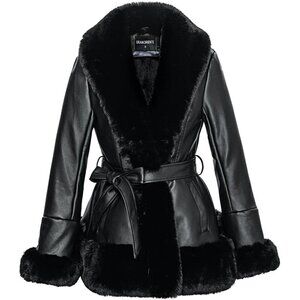 GRAN ORIENTE Women's Faux Leather black fur collar Leather Jacket Long Sleeve
